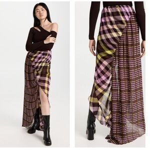 Brogger NWT‎ XS Violet Pliss Plaid Asymmetrical Skirt Purple Yellow Leg Slit
